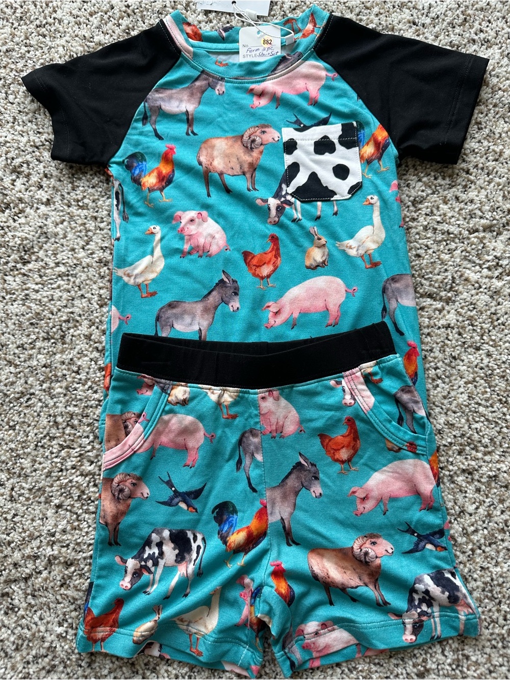Kids Teal Farm Animal Matching Bamboo Short Set with Black Accents